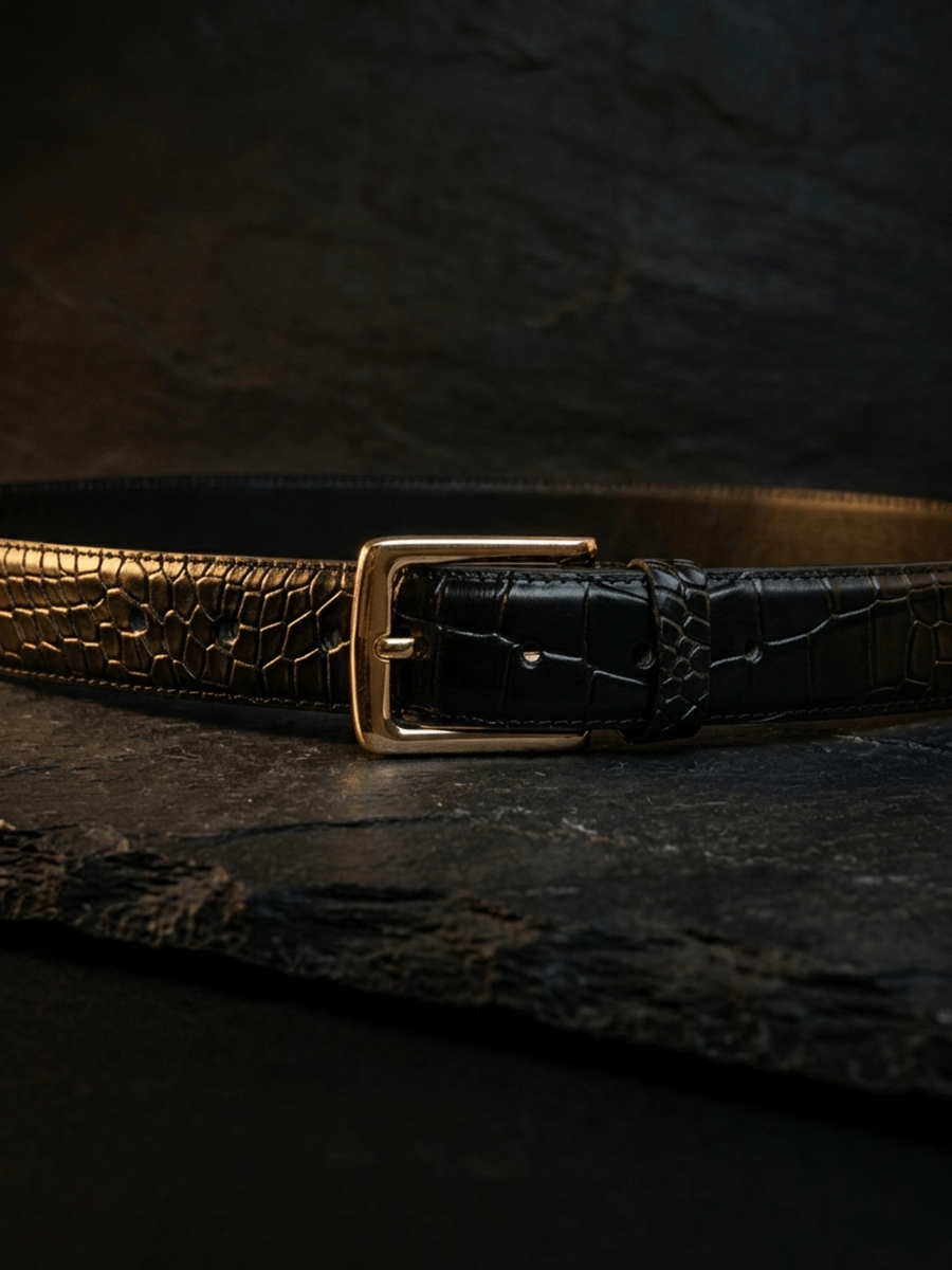 Black Full Grain Crocodile Embossed Leather Belt Gold-Tone Buckle Mens 38mm