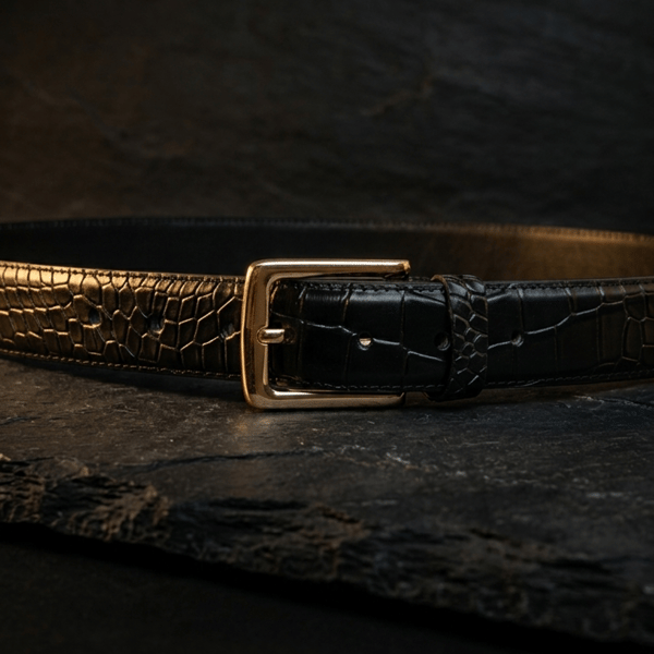 Black Full Grain Crocodile Embossed Leather Belt Gold-Tone Buckle Mens 38mm