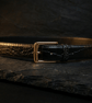 Black Full Grain Crocodile Embossed Leather Belt Gold-Tone Buckle Mens 38mm