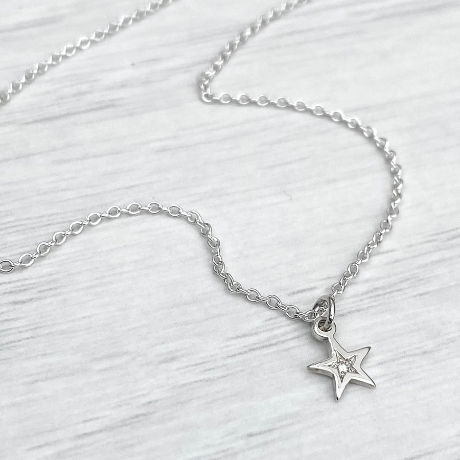 Sterling silver star engraved diamond tiny star charm pendant and chain