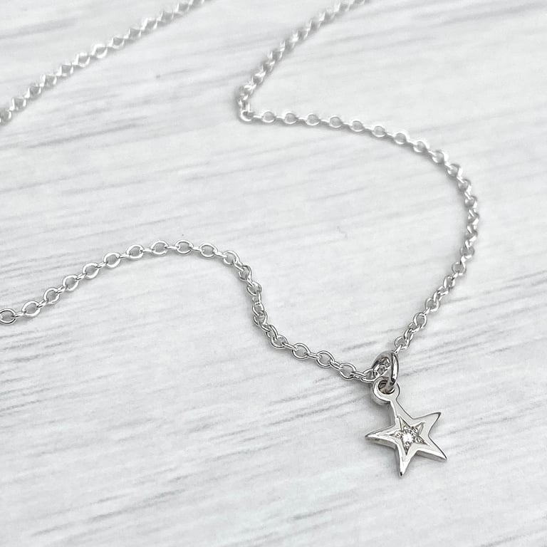 Sterling silver star engraved diamond tiny star charm pendant and chain
