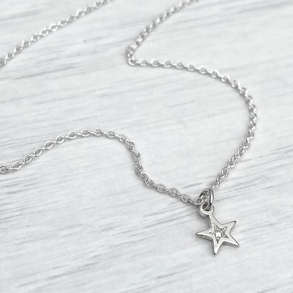 Sterling silver star engraved diamond tiny star charm pendant and chain