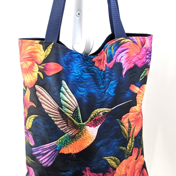 Handmade lined tote bag with long staps, eco friendly bag. Hummingbird 