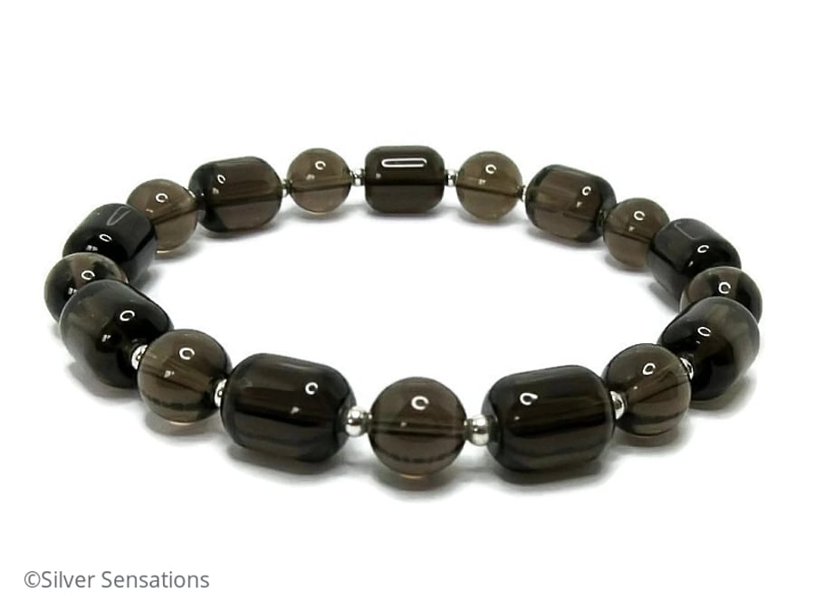 Smokey Quartz Medium Chunky Unisex Bracelet With Sterling Silver