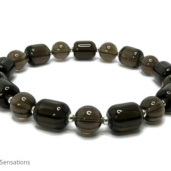 Smokey Quartz Medium Chunky Unisex Bracelet With Sterling Silver