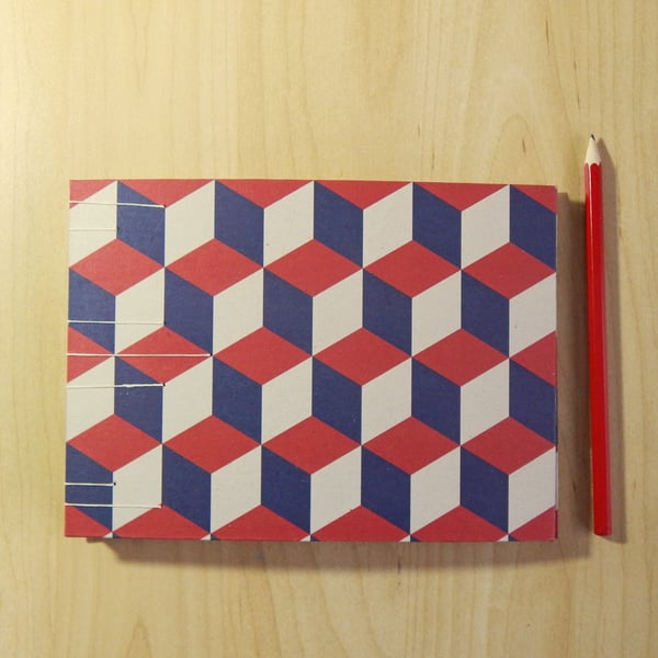 A5 Hand Made Sketchbook with Block Pattern in Red and Navy Blue 