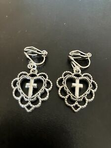 clip on earrings with heart cross tibetan silver charm