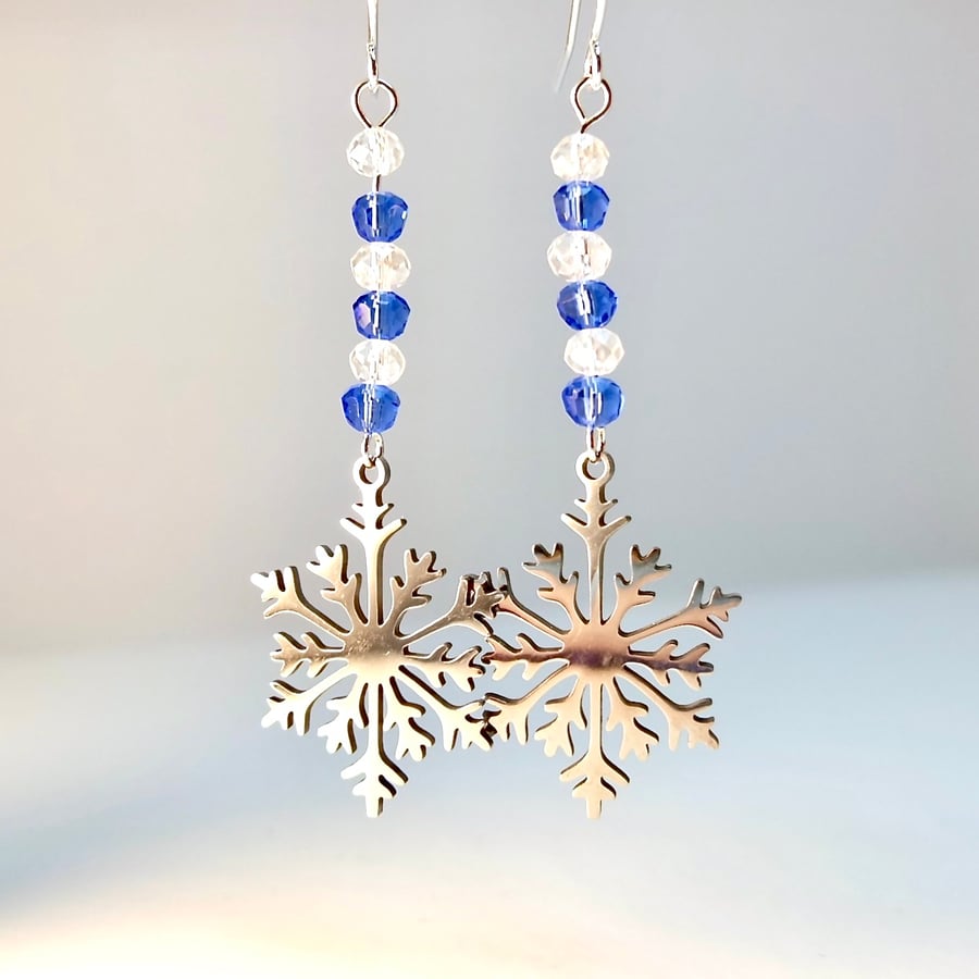 Christmas Earrings - Snowflake Charm With Ice Blue Sparkly Glass - Free UK P&P