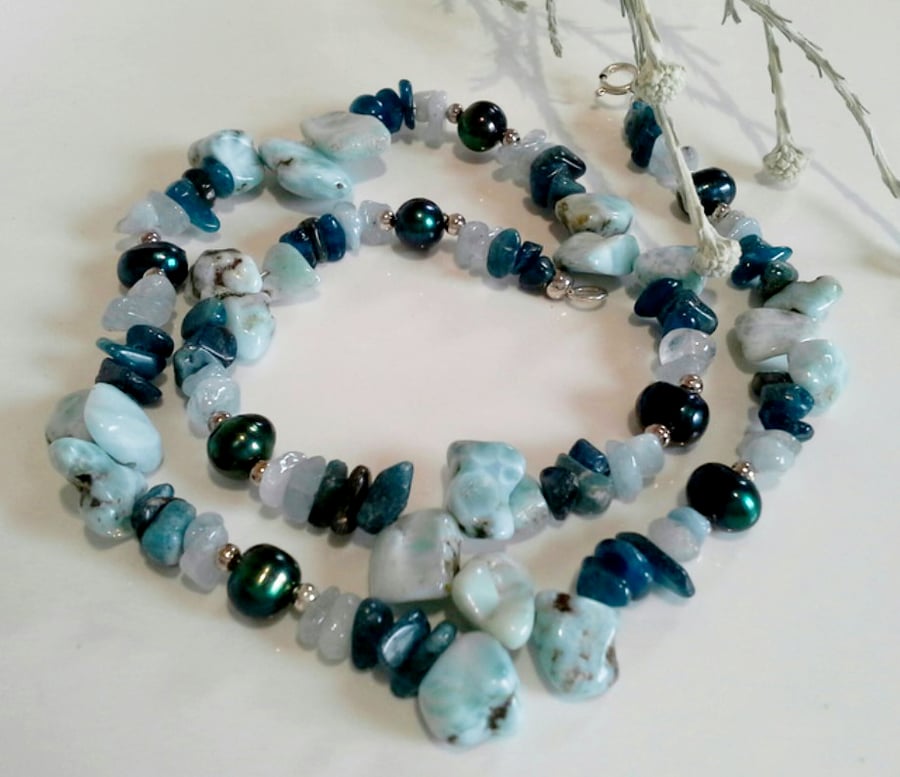 Larimar, Apatite, Aquamarine & Baroque Pearl Sterling  Silver Necklace 