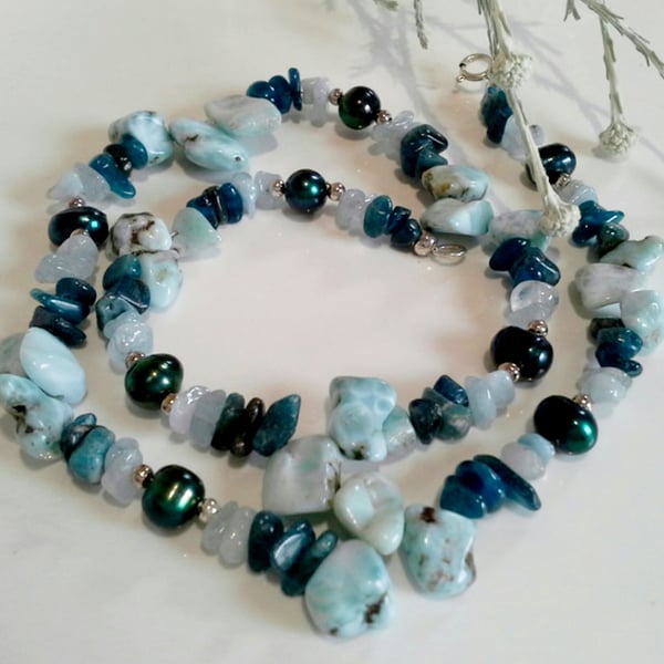 Larimar, Apatite, Aquamarine & Baroque Pearl Sterling  Silver Necklace 