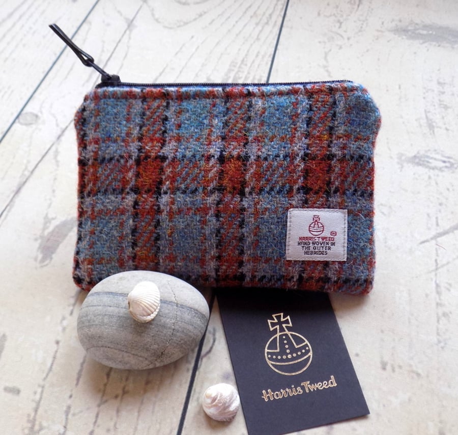Harris Tweed large coin purse. Check weave in burnt orange, turquoise and black
