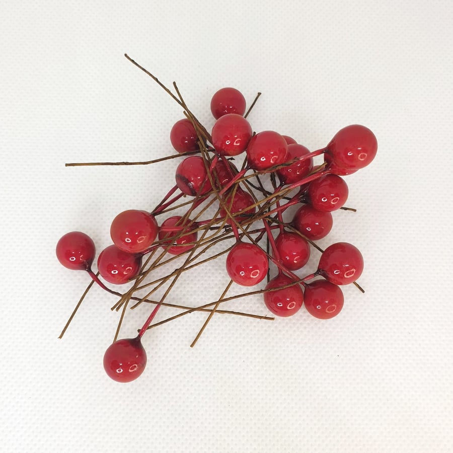 20 Pcs 10mm x 60mm Red Wired Berry Stems Artificial Berry Christmas Supplies 