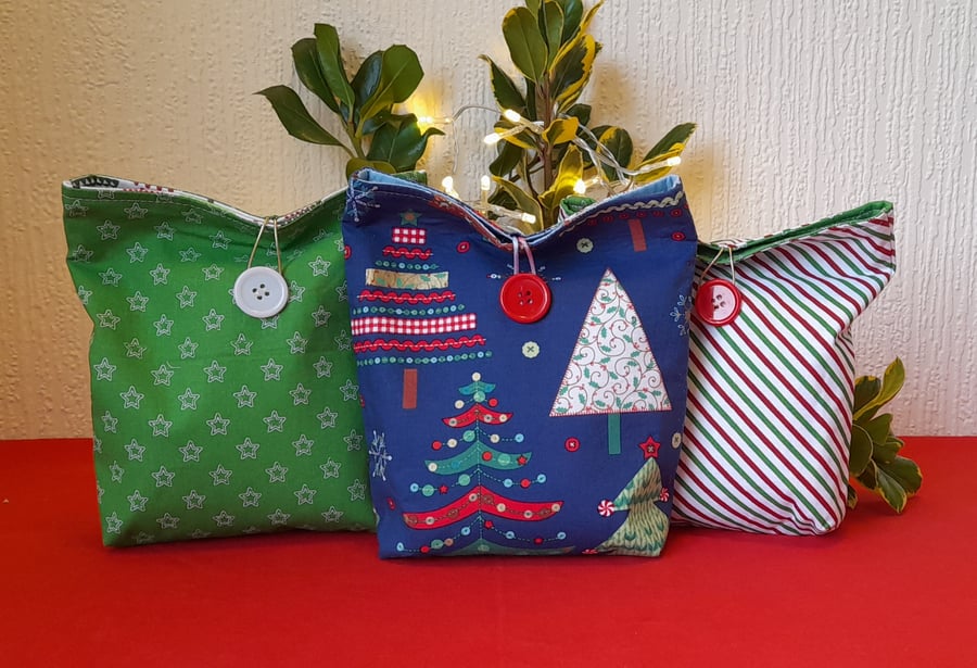 Button Down, Reusable, Christmas Gift Bags Sewn in Festive Fabric.