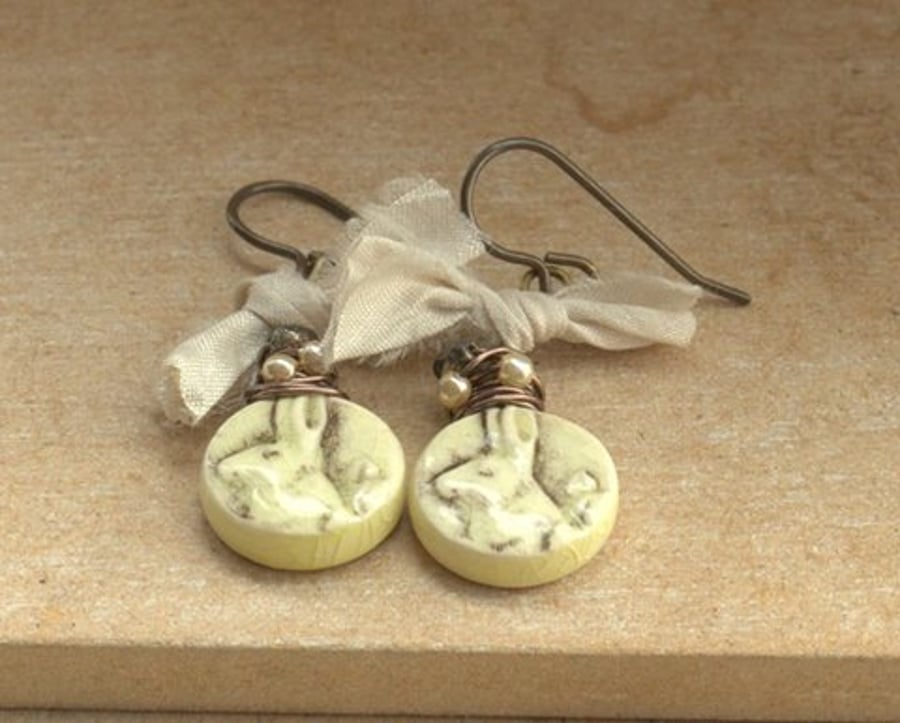 Handmade Ceramic Bunny Rabbit Charm with Czech Bead & Ribbon Earrings