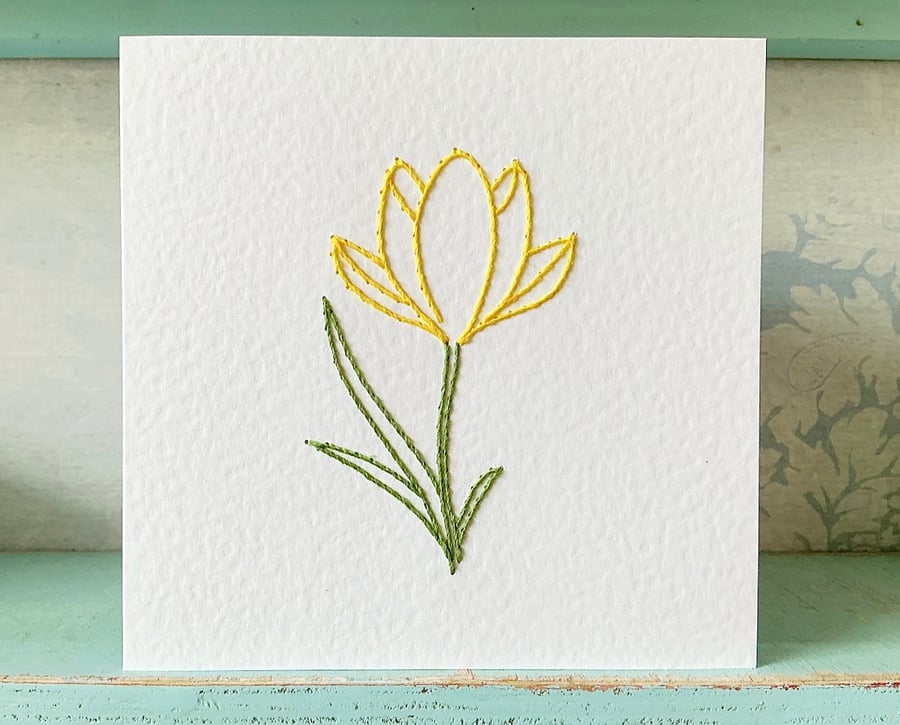 Hand Sewn Crocus Card. Yellow Crocus. Flower Card. Spring Flower Card. Cards.
