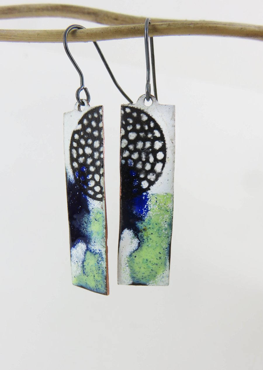 Dangle Copper Enamel Earrings with Mixed Enamels and Pattern Detail