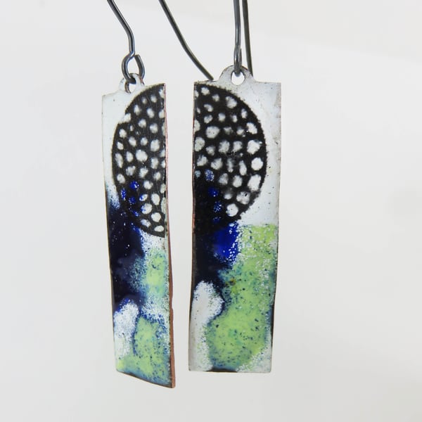 Dangle Copper Enamel Earrings with Mixed Enamels and Pattern Detail