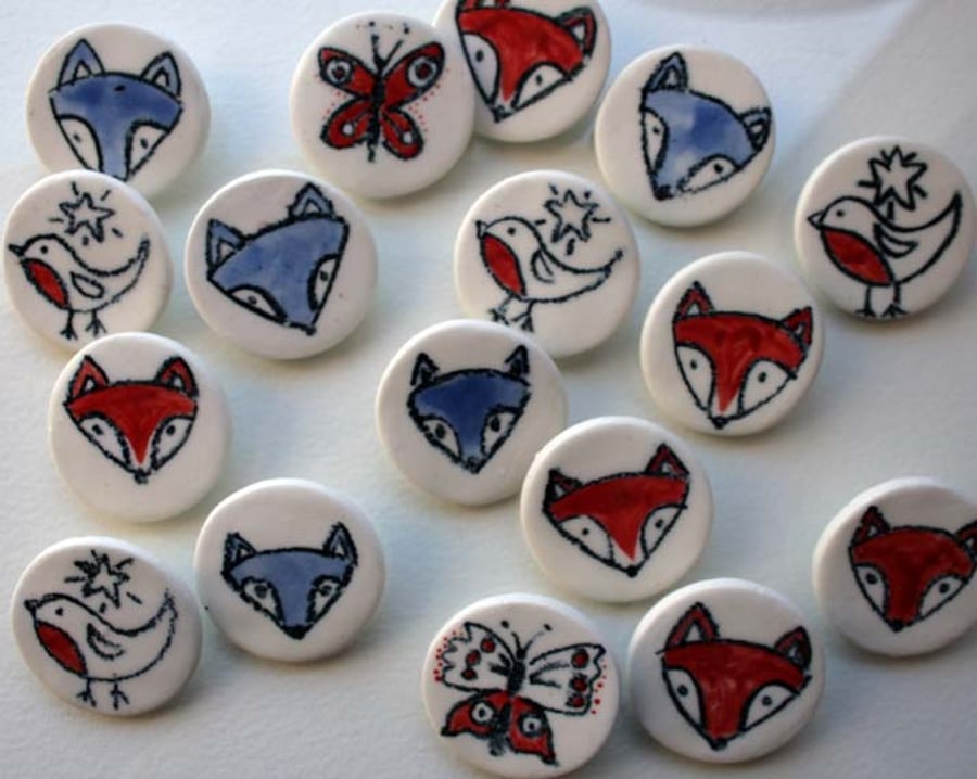 Porcelain brooches -ready to ship -red fox, robin and star, blue wolf, butterfly