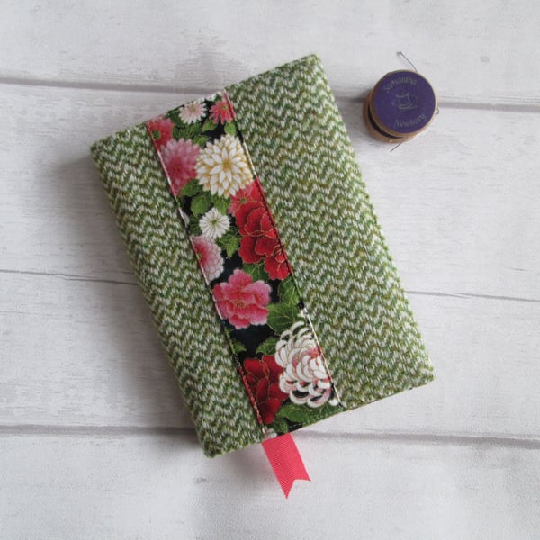 SOLD A6 'Harris Tweed' Reusable Notebook Cover - Green & Cream with Floral Print