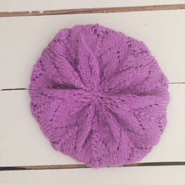 Pretty Purple Hand Knitted Beret - UK Free Post