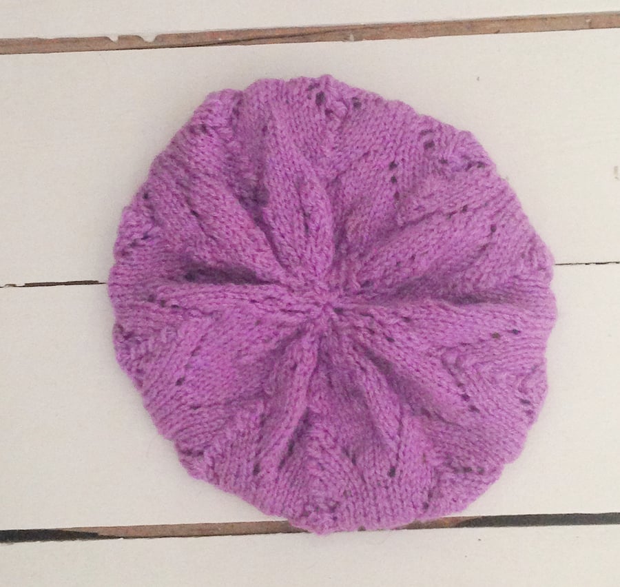 Pretty Purple Hand Knitted Beret - UK Free Post