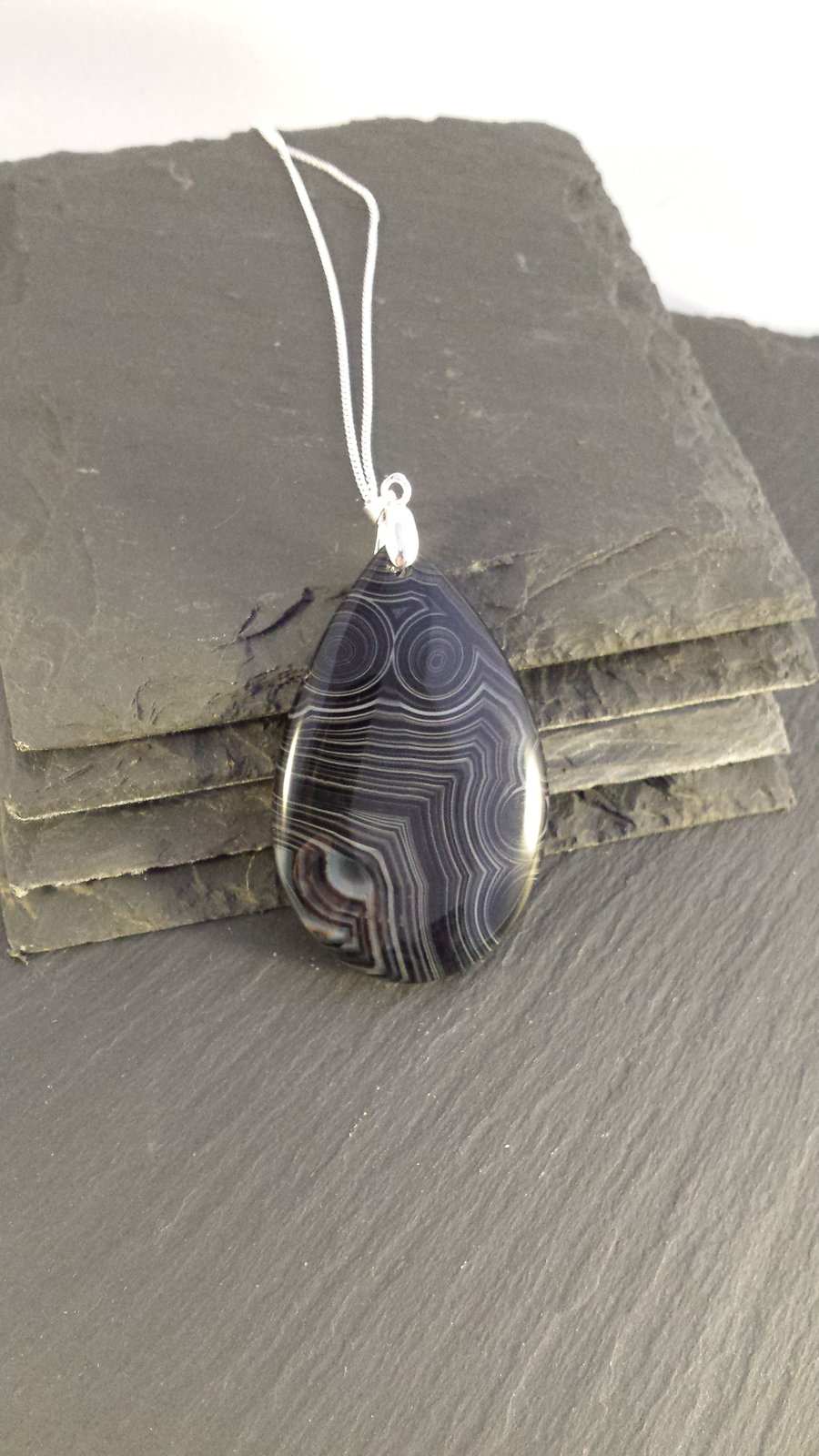 Striped Black Agate Pendant on a Sterling Silver Chain