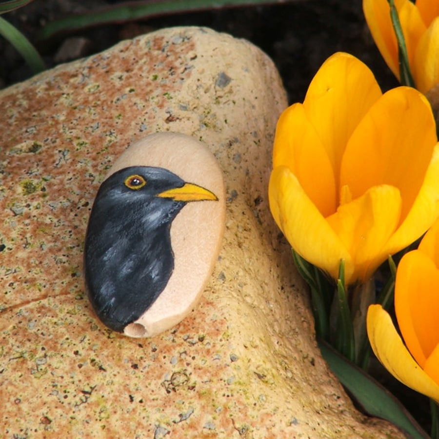 Hand painted wooden bead - Blackbird, 35 x 20mm