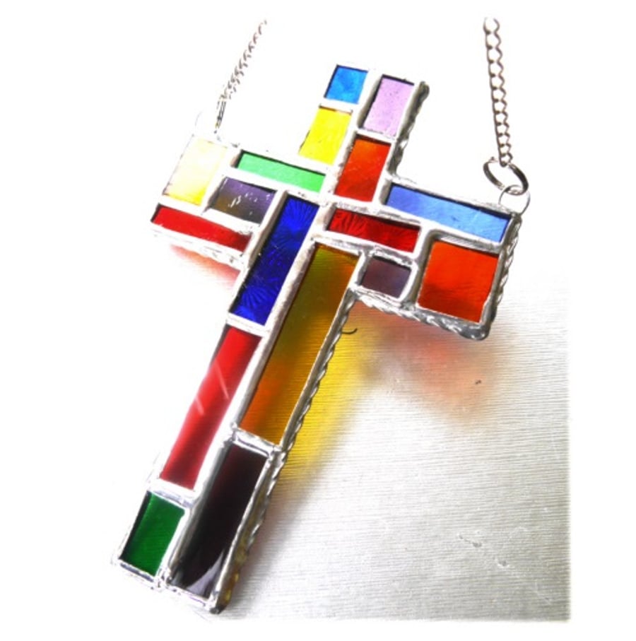 Cross Suncatcher Stained Glass Patchwork Rainbow Handmade 047