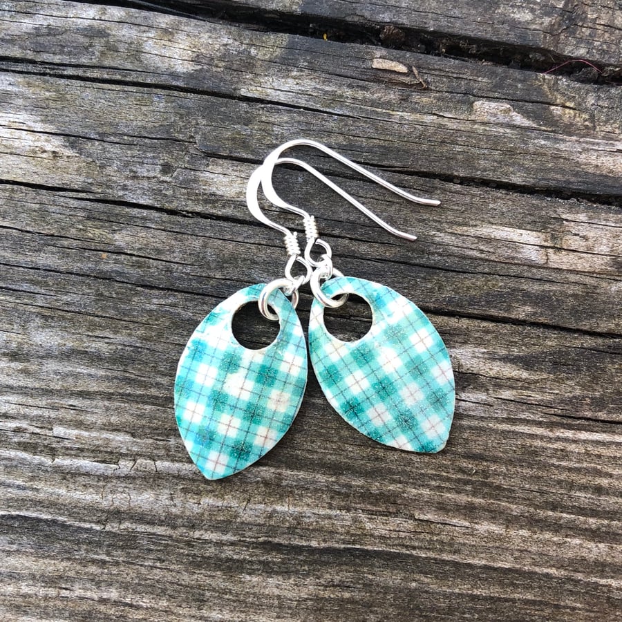 Green check decoupage and enamel scale earrings. Sterling silver. 