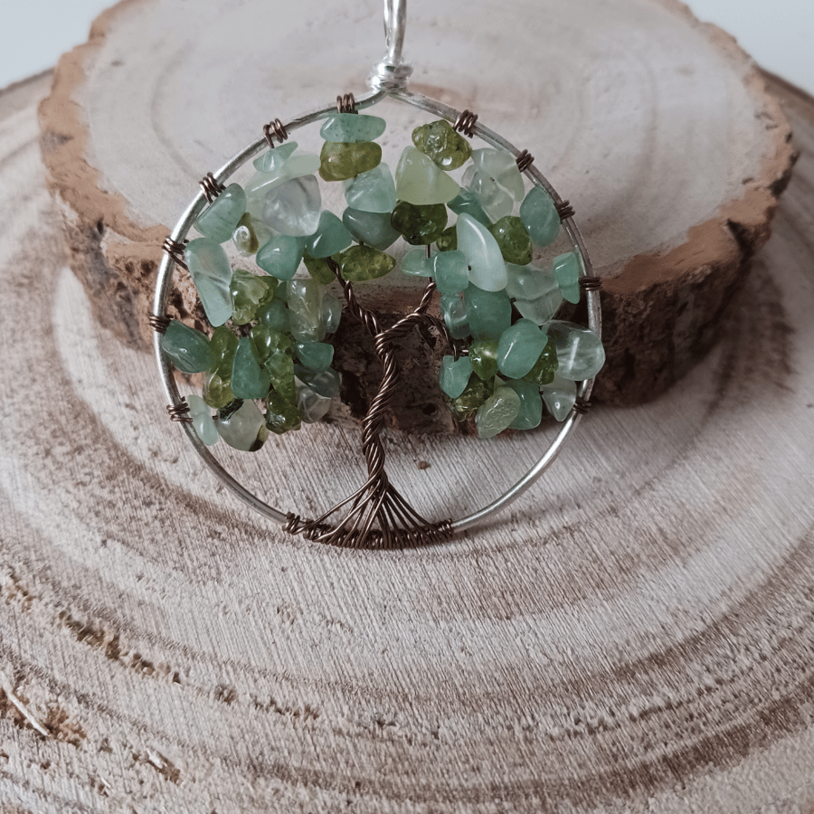 Handcrafted Wire-Work Tree of Life Necklace with Green Gemstones