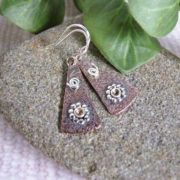 Earrings, Sterling Silver and Copper Triangle with Flower & Scroll Decoration