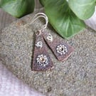 Earrings, Sterling Silver and Copper Triangle with Flower & Scroll Decoration