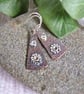 Earrings, Sterling Silver and Copper Triangle with Flower & Scroll Decoration