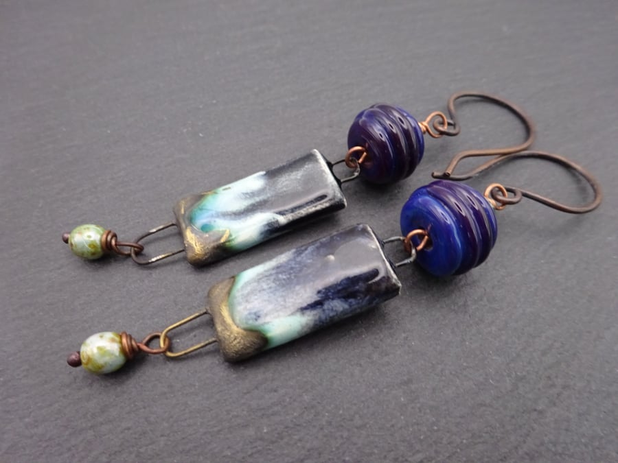 lampwork glass blue earrings, copper and ceramic jewellery
