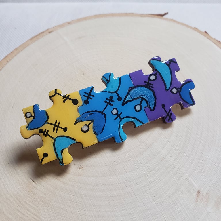 Hand-painted Jigsaw Brooch Resin Coated - Purple, Blue and Yellow