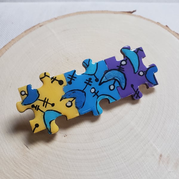 Hand-painted Jigsaw Brooch Resin Coated - Purple, Blue and Yellow