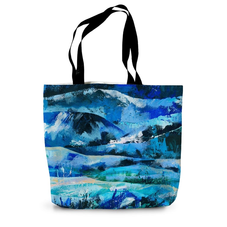 Blue Tote Bag with Abstract Landscape Design