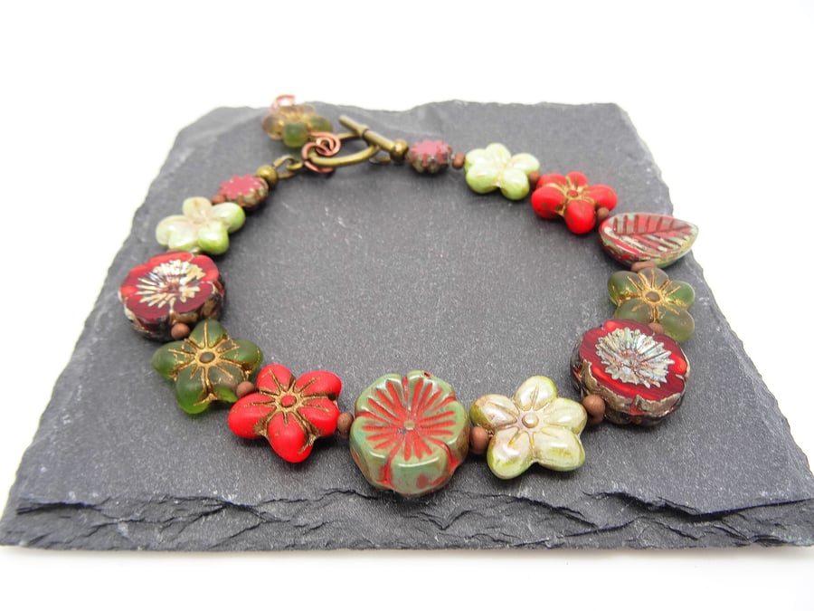 Czech Glass Bracelet,red and green bracelet,daisy and pansy bracelet