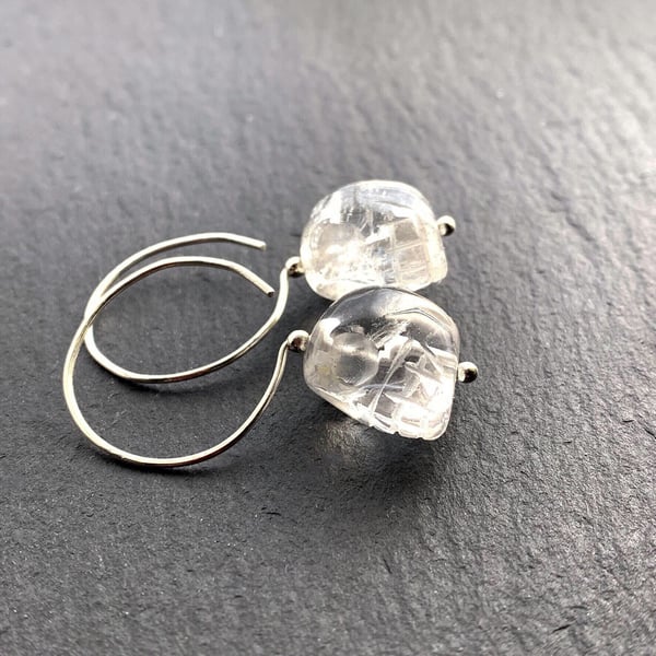 Quartz Rock Crystal Skull Hoop Earring. All 925 Sterling Silver Hand Forged Wire