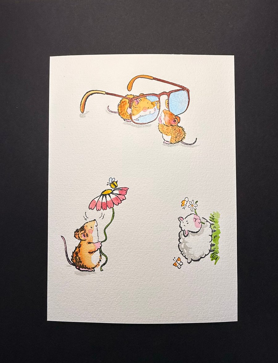 A5 card topper page using Penny Black stamps - Curious mice plus bonus sheep