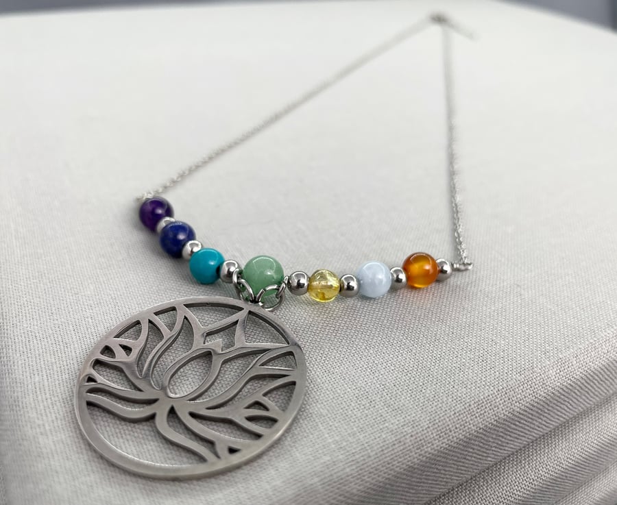 Unisex 7 Stone Chakra Lotus Stainless Steel Crystal Healing Necklace 