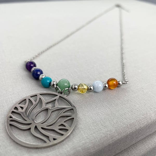 Unisex 7 Stone Chakra Lotus Stainless Steel Crystal Healing Necklace 