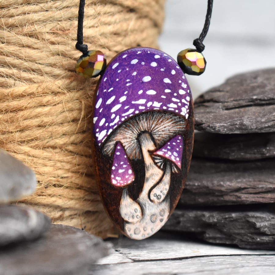 Purple Toadstool pyrography woodland pendant. Wooden oval pendant.