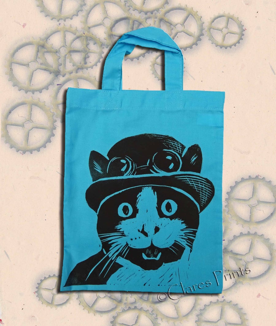 Steampunk Cat Tote Hand Printed Turquoise Mini Tote Shopping Bag