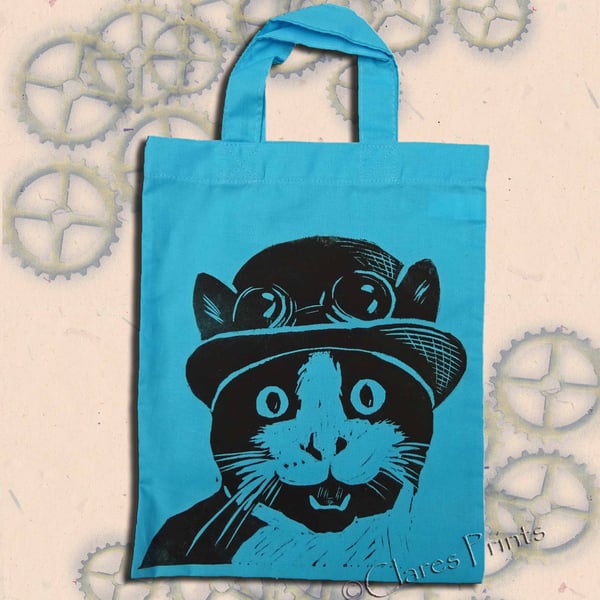 Steampunk Cat Tote Hand Printed Turquoise Mini Tote Shopping Bag