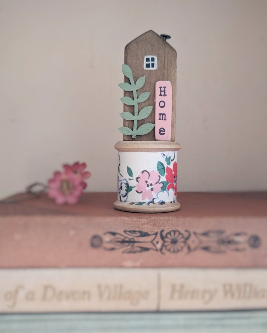 Little Wooden House on a Vintage Bobbin 'Home' 