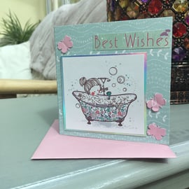 Lady in a bubble bath birthday card