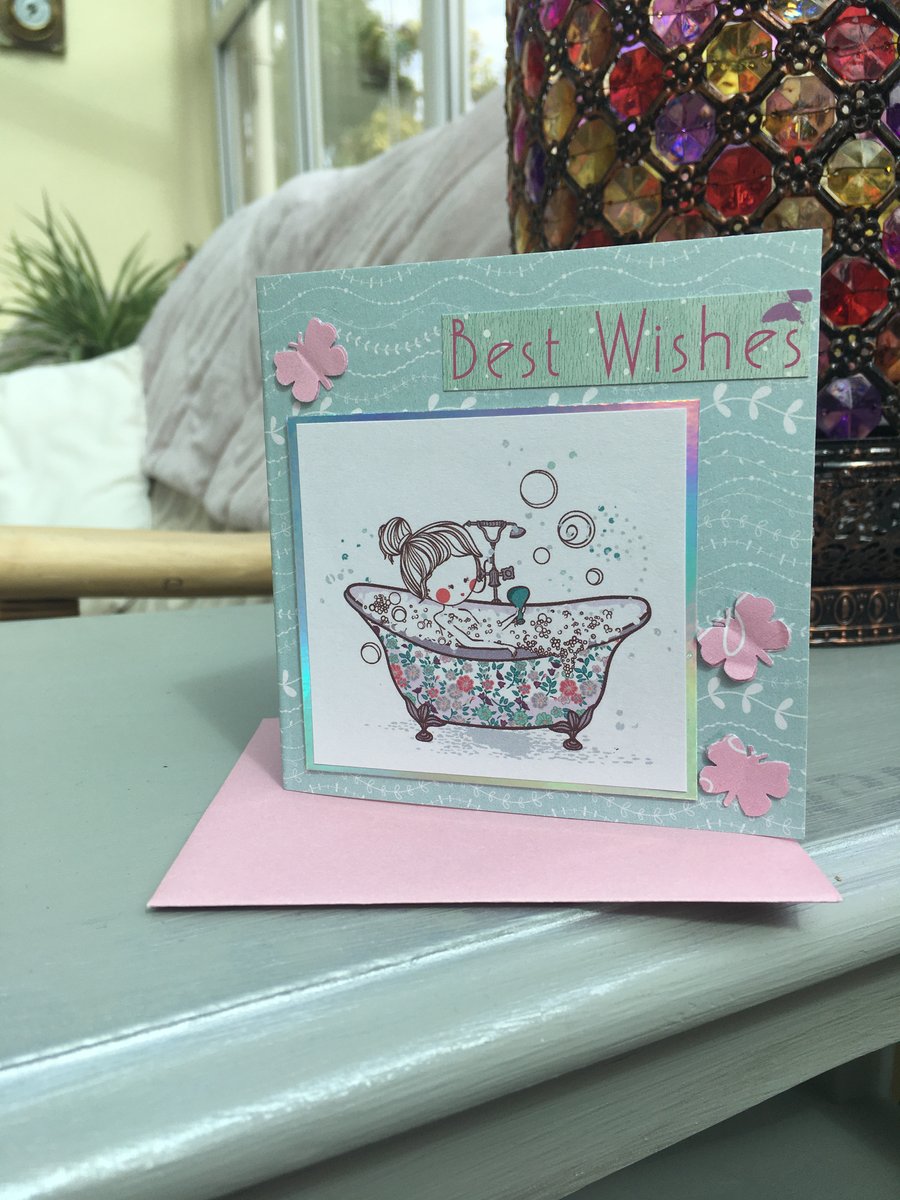 Lady in a bubble bath birthday card