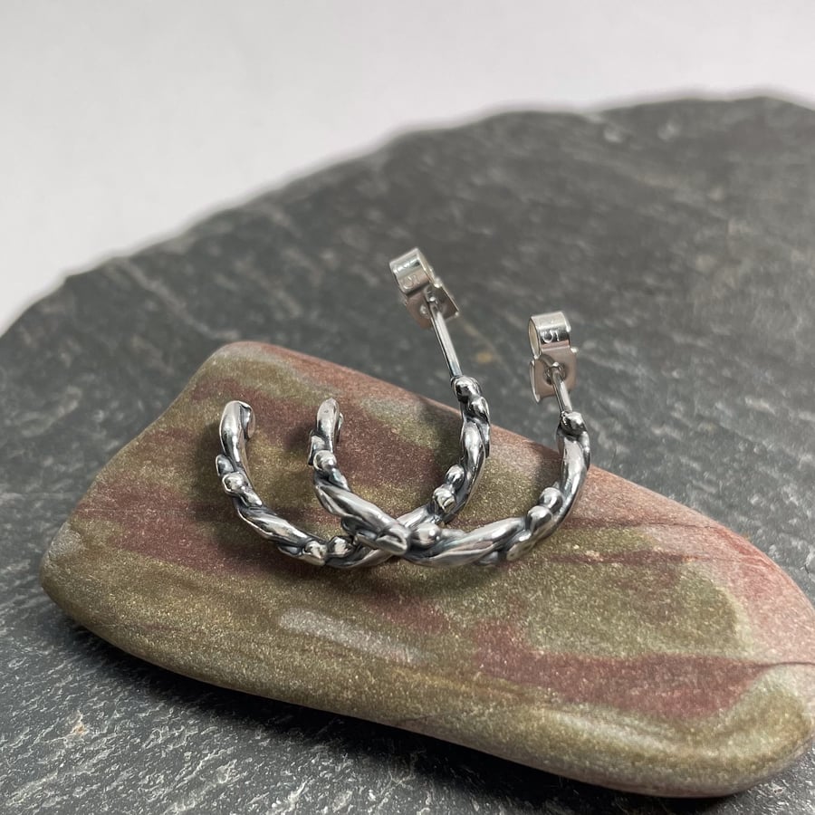 Oxidised sterling silver twist hoop studs