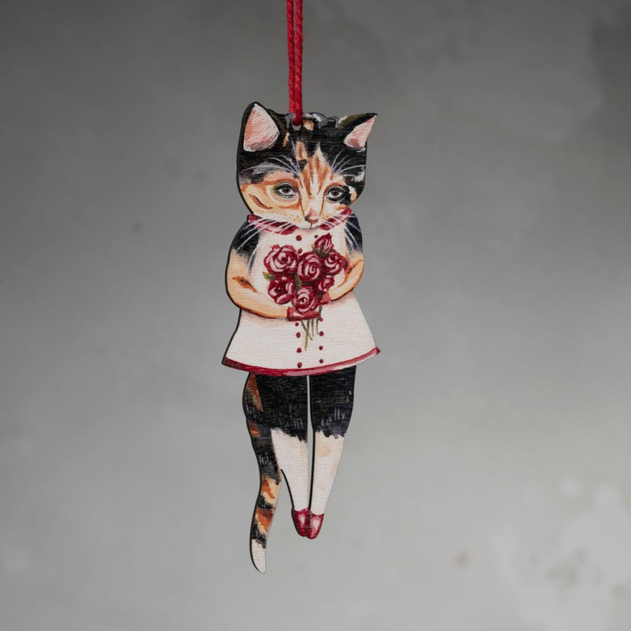 Tortoiseshell cat wooden hanging decoration, double sided- Marmalade the cat